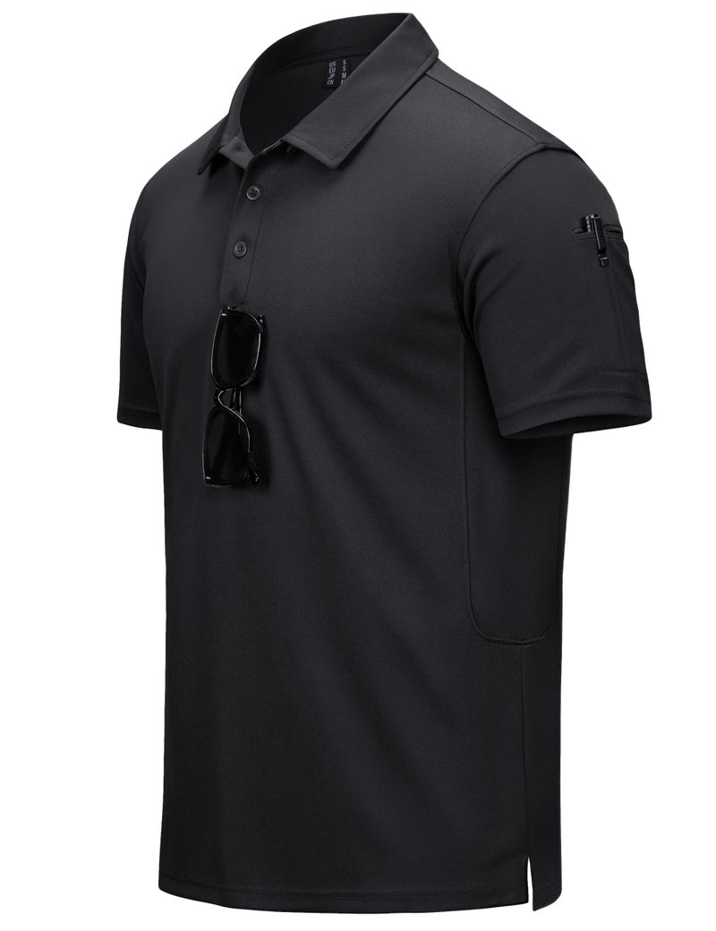 CRYSULLY Mens Polo Shirts Short Sleeve Quick Dry Performance Tactical Collared Shirts Pique Jersey Golf Shirt Black L - Image 1